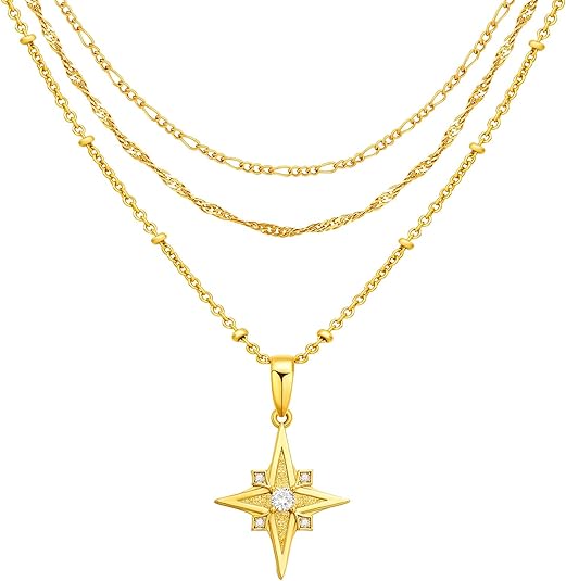 Womens Four Point Star Necklace Sets Double Layer Chain 18k Gold Plated Cubic Zirconia Mother of Pearl Lucky Pendant Necklace