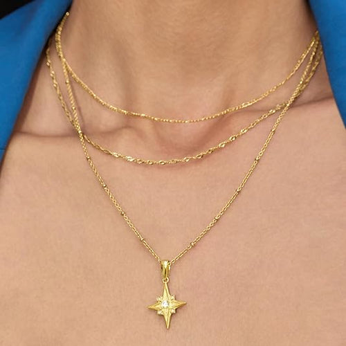 Womens Four Point Star Necklace Sets Double Layer Chain 18k Gold Plated Cubic Zirconia Mother of Pearl Lucky Pendant Necklace